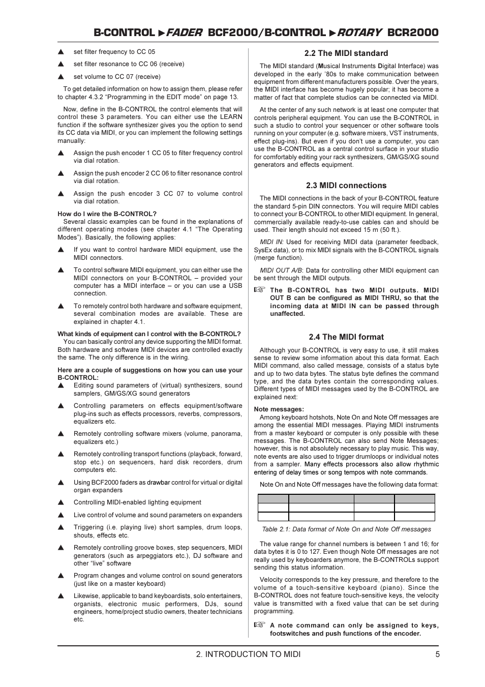 2 the midi standard, 3 midi connections, 4 the midi format | Introduction to midi | Behringer BCR2000 User Manual | Page 5 / 21