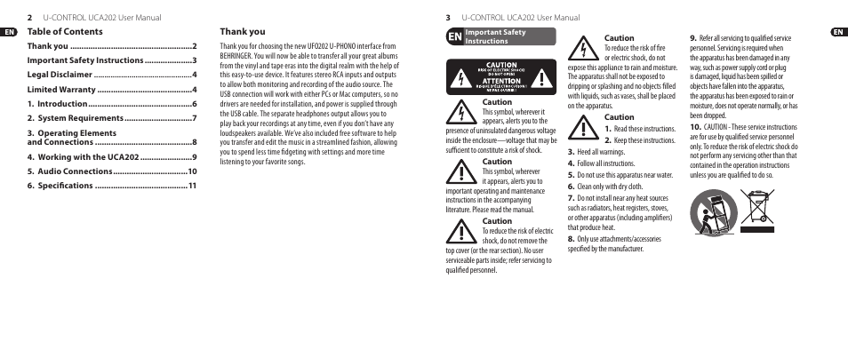 Thank you, Important safety instructions | Behringer Ultra-Low Latency 2 In/2Out USB/Audio Interface with Digital Output U-Control UCA202 User Manual | Page 2 / 9