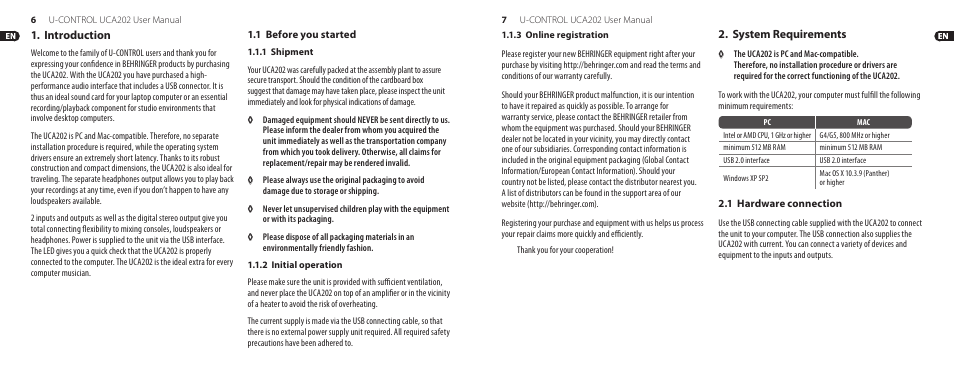 Introduction, System requirements, Introduction 2. system requirements | Behringer Ultra-Low Latency 2 In/2Out USB/Audio Interface with Digital Output U-Control UCA202 User Manual | Page 4 / 9