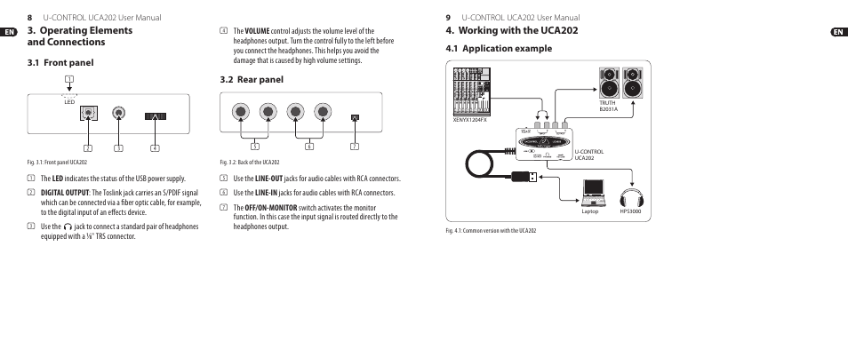 Operating elements and connections, Working with the uca202, Operating elements | And connections 4. working with the uca202 | Behringer Ultra-Low Latency 2 In/2Out USB/Audio Interface with Digital Output U-Control UCA202 User Manual | Page 5 / 9