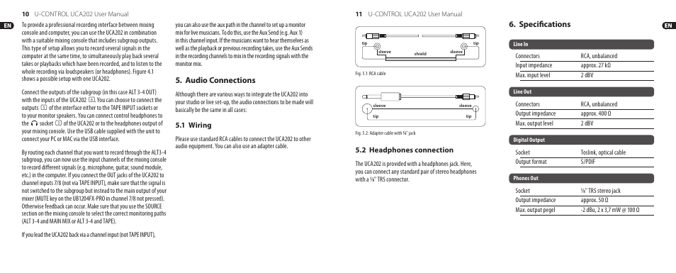 Audio connections, Specifications, Audio connections 6. specifications | Behringer Ultra-Low Latency 2 In/2Out USB/Audio Interface with Digital Output U-Control UCA202 User Manual | Page 6 / 9