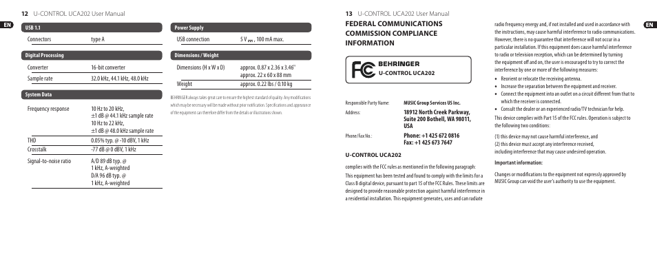 Behringer Ultra-Low Latency 2 In/2Out USB/Audio Interface with Digital Output U-Control UCA202 User Manual | Page 7 / 9