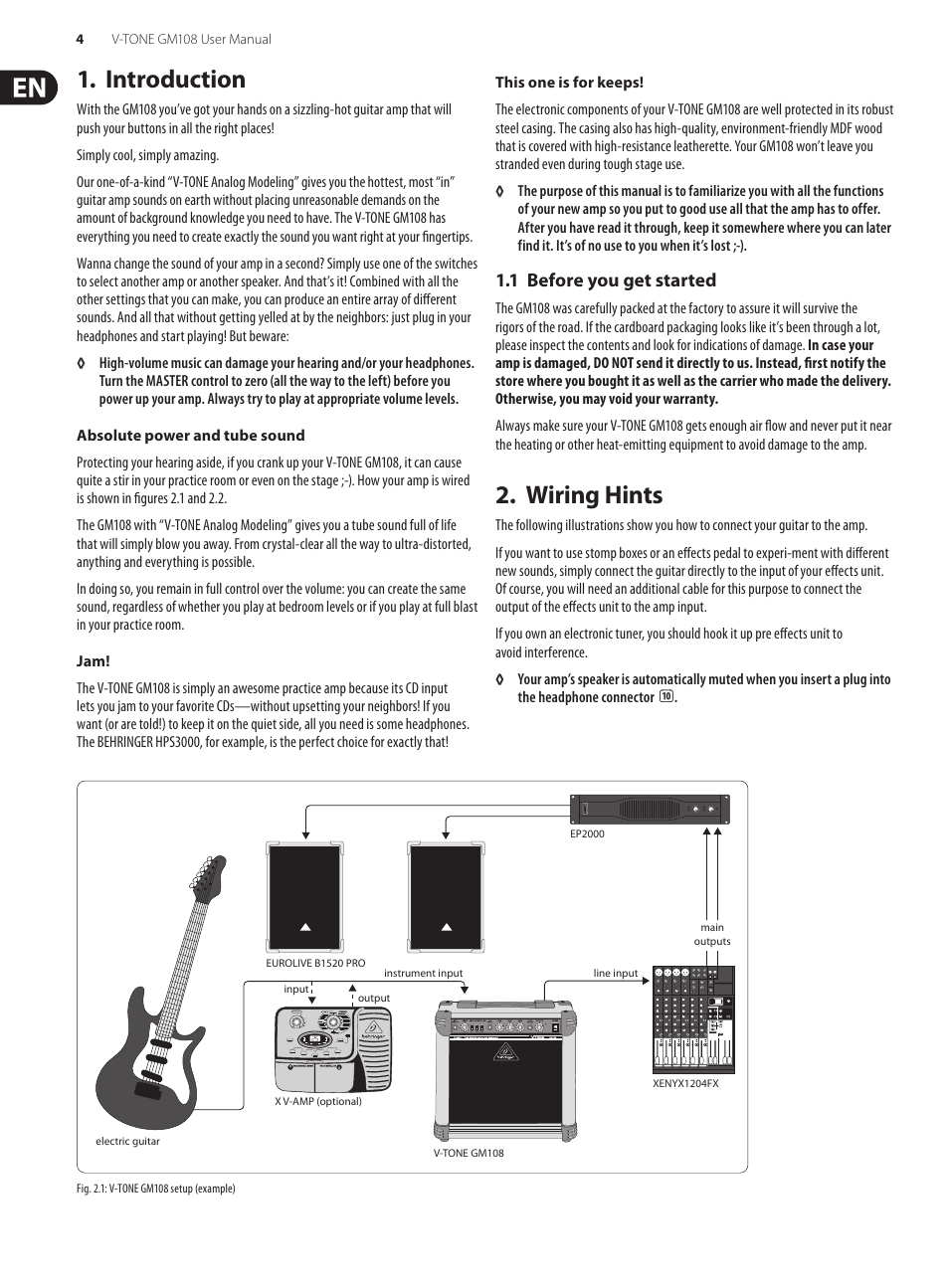 Introduction, 1 before you get started, Wiring hints | Behringer V-Tone GM108 User Manual | Page 4 / 11