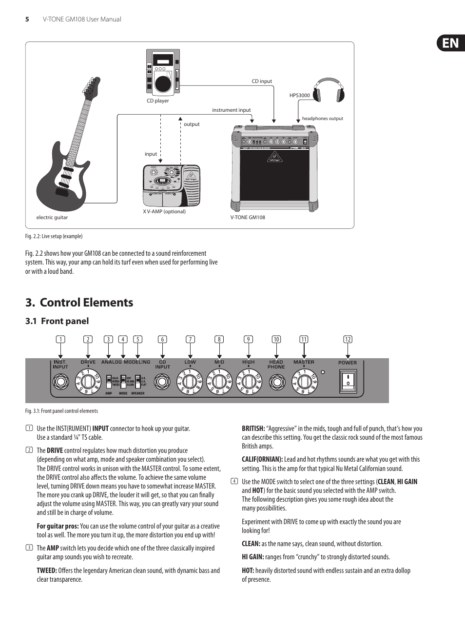 Control elements, 1 front panel | Behringer V-Tone GM108 User Manual | Page 5 / 11