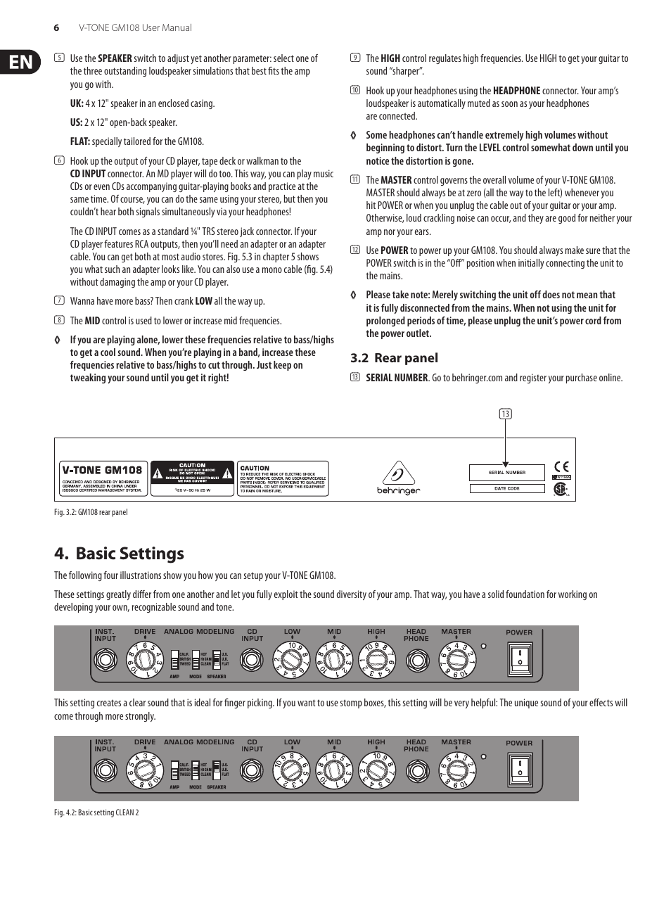 2 rear panel, Basic settings | Behringer V-Tone GM108 User Manual | Page 6 / 11