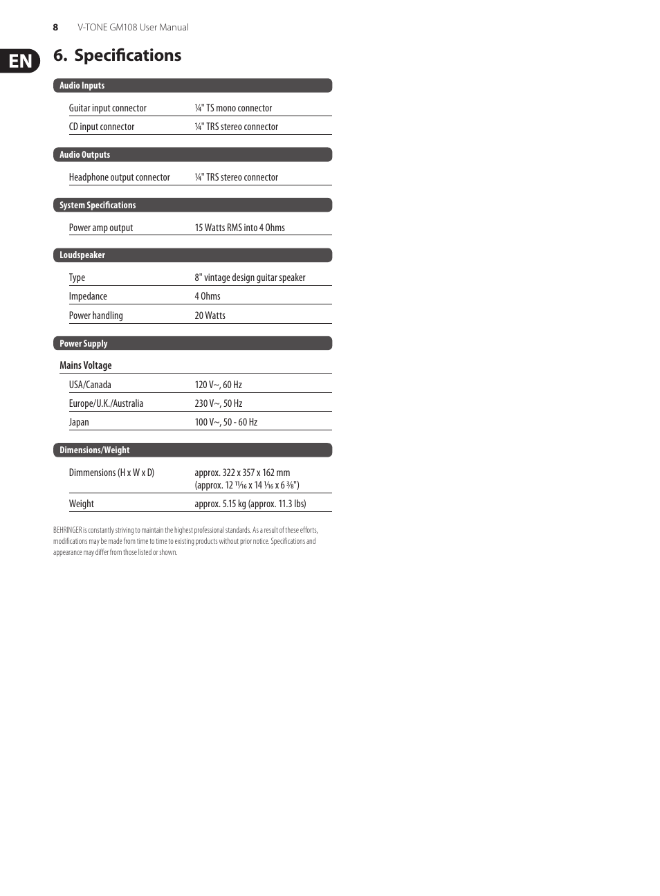 Specifications | Behringer V-Tone GM108 User Manual | Page 8 / 11