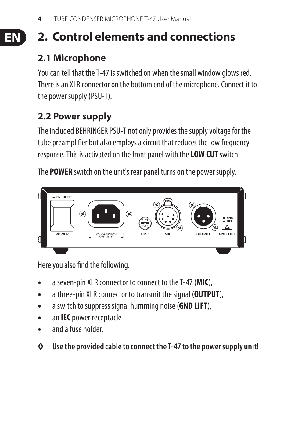 Control elements and connections | Behringer TUBE CONDENSER MICROPHONE T-47 User Manual | Page 4 / 10