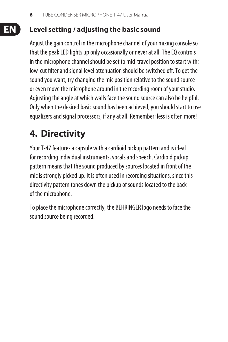 Directivity | Behringer TUBE CONDENSER MICROPHONE T-47 User Manual | Page 6 / 10