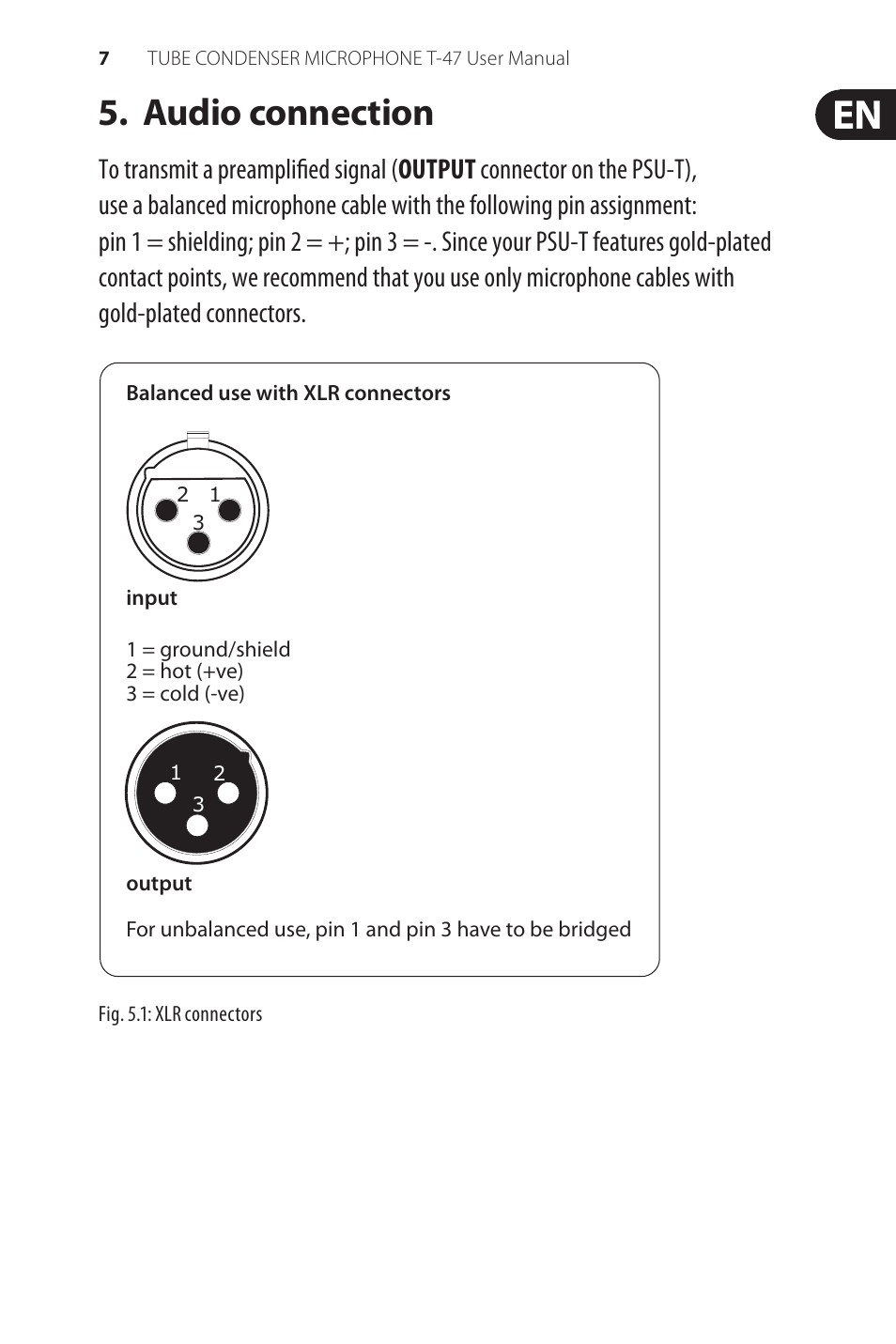 Audio connection | Behringer TUBE CONDENSER MICROPHONE T-47 User Manual | Page 7 / 10