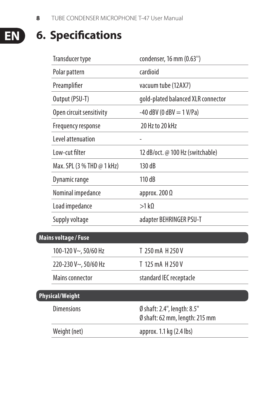 Specifications | Behringer TUBE CONDENSER MICROPHONE T-47 User Manual | Page 8 / 10