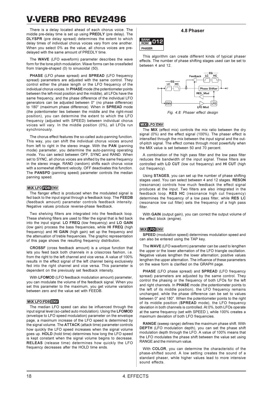 V-verb pro rev2496, 8 phaser, Effects | Behringer Rev2496 User Manual | Page 18 / 27