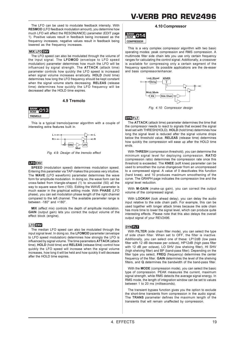V-verb pro rev2496, 9 tremolo, 10 compressor | Effects | Behringer Rev2496 User Manual | Page 19 / 27