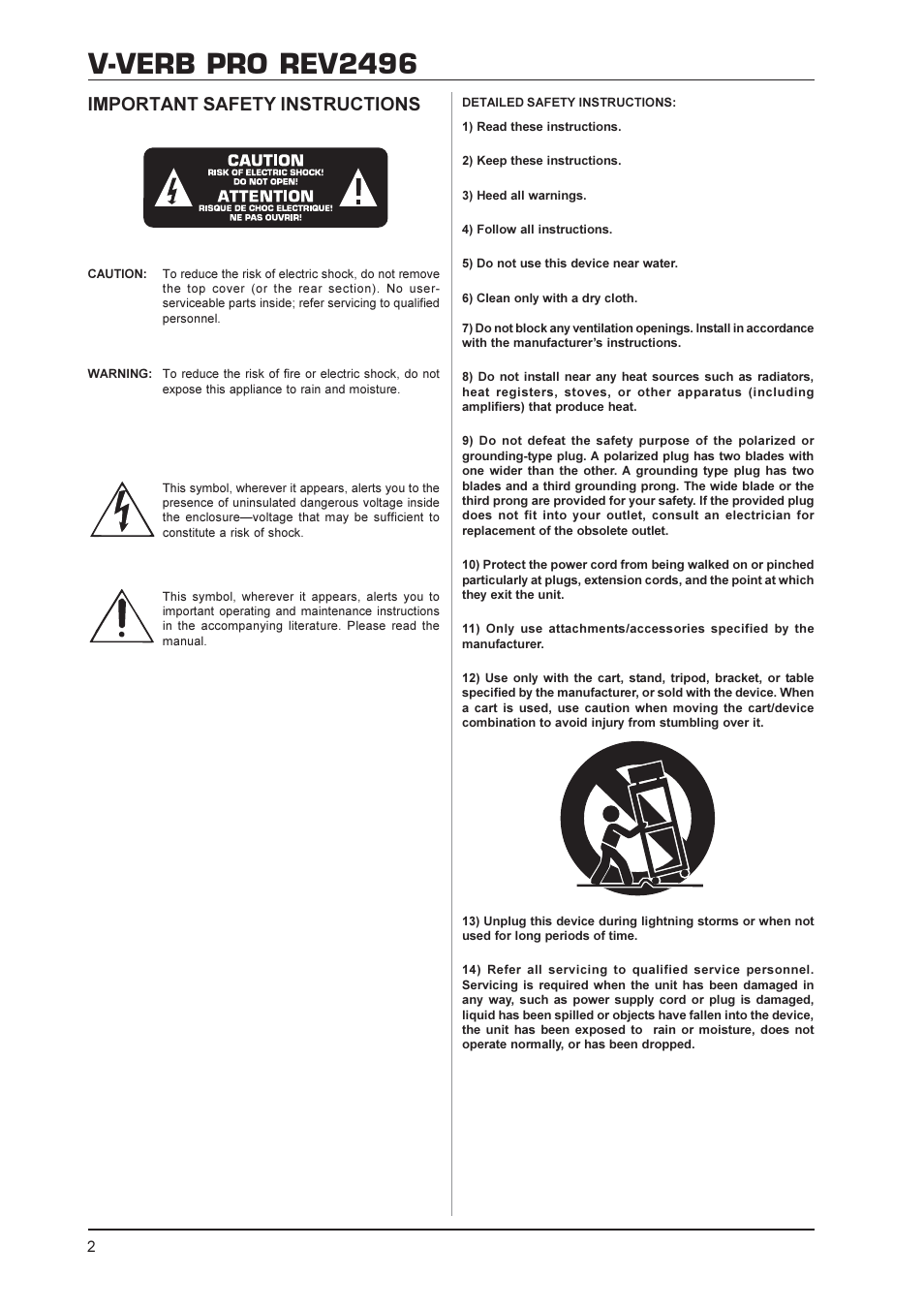 V-verb pro rev2496, Important safety instructions | Behringer Rev2496 User Manual | Page 2 / 27