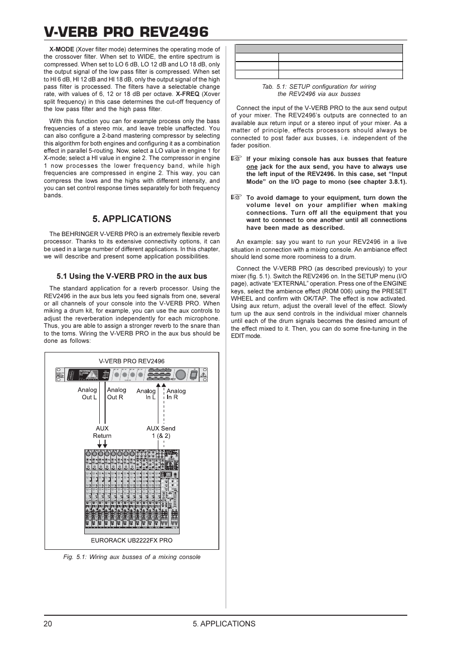 V-verb pro rev2496, Applications | Behringer Rev2496 User Manual | Page 20 / 27