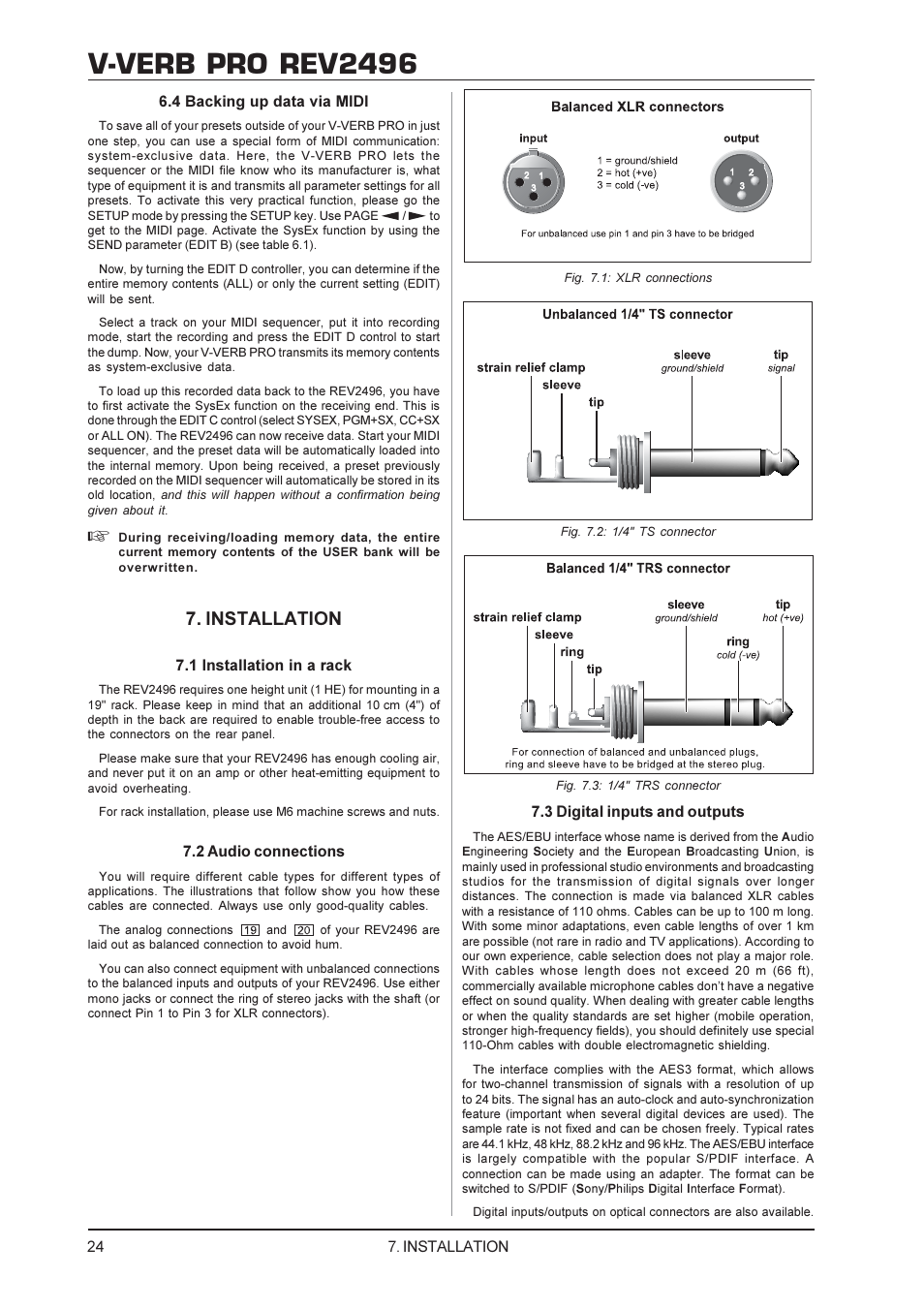 V-verb pro rev2496, Installation | Behringer Rev2496 User Manual | Page 24 / 27