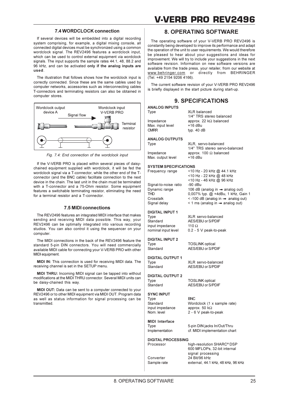 V-verb pro rev2496, Operating software, Specifications | Operating software 7.4 wordclock connection, 5 midi connections | Behringer Rev2496 User Manual | Page 25 / 27