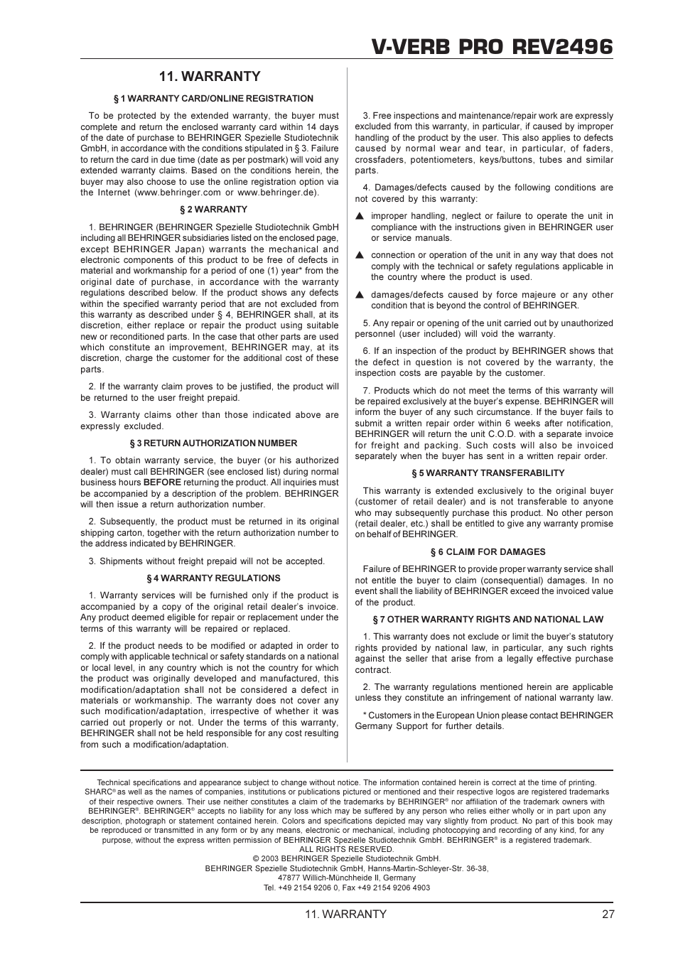 V-verb pro rev2496, Warranty | Behringer Rev2496 User Manual | Page 27 / 27