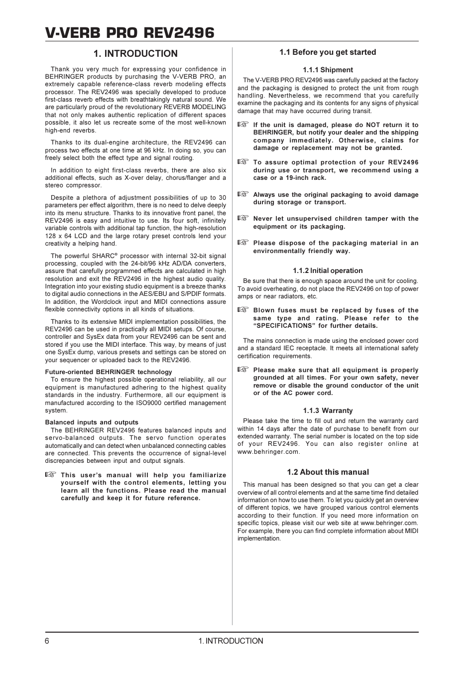 V-verb pro rev2496, Introduction | Behringer Rev2496 User Manual | Page 6 / 27