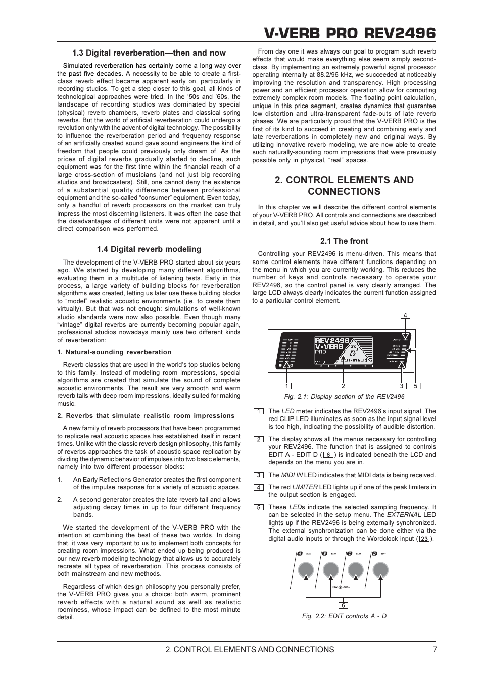V-verb pro rev2496, Control elements and connections, 3 digital reverberationthen and now | 4 digital reverb modeling, 1 the front | Behringer Rev2496 User Manual | Page 7 / 27