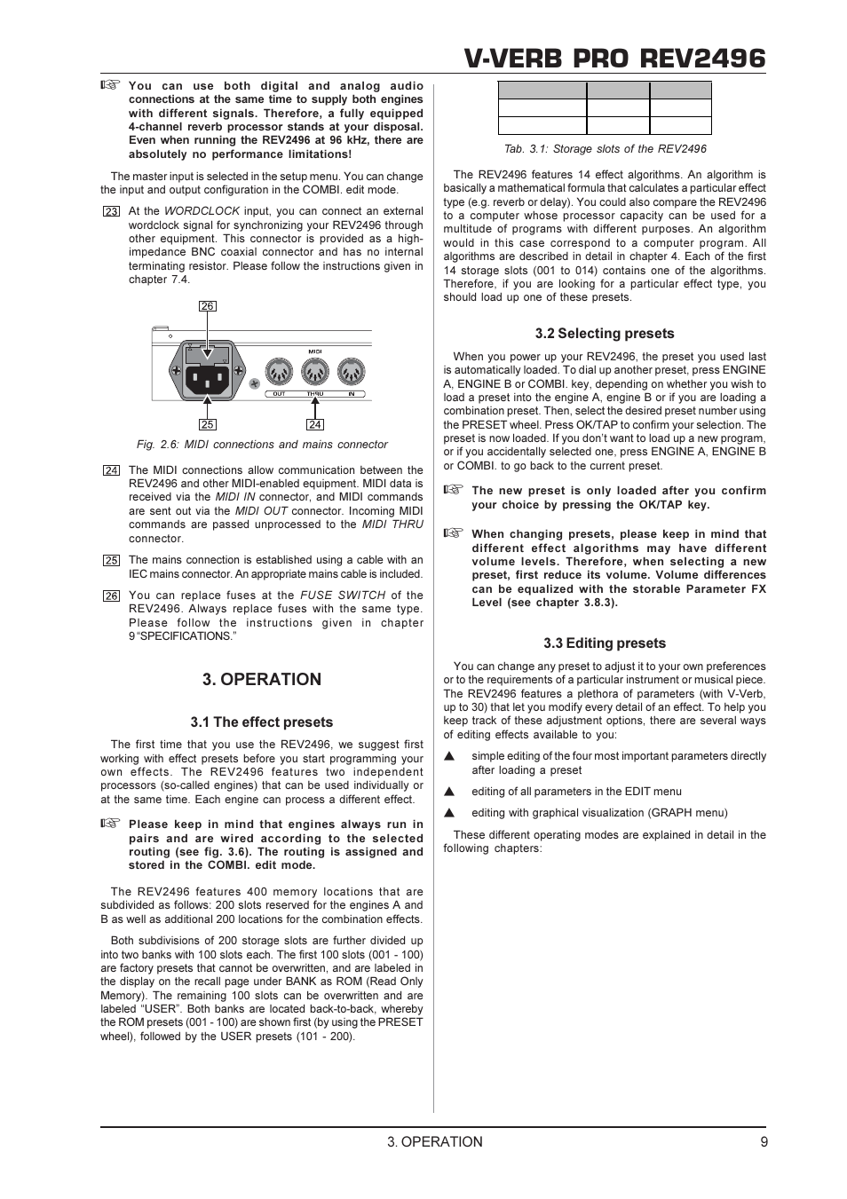 V-verb pro rev2496, Operation | Behringer Rev2496 User Manual | Page 9 / 27