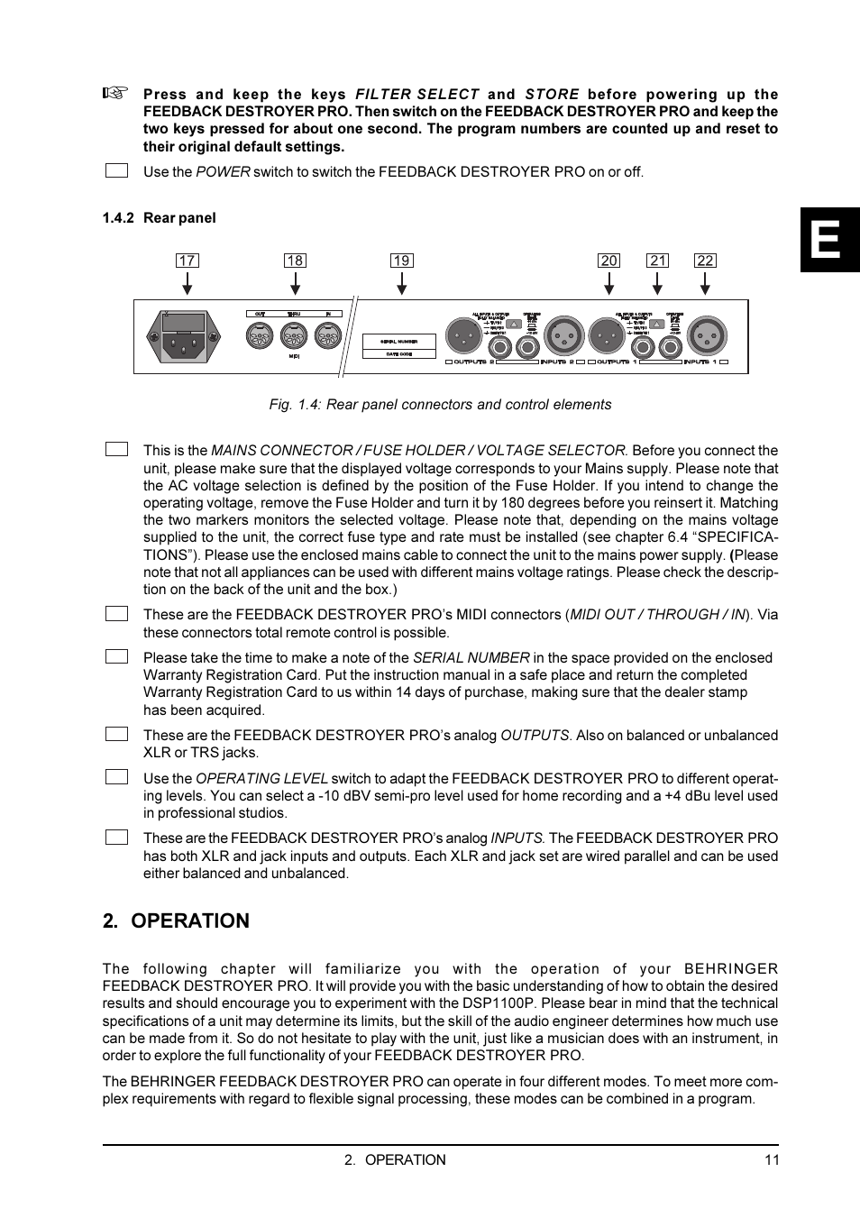 2 rear panel, Operation | Behringer Feedback Destroyer Pro DSP1100P User Manual | Page 11 / 32