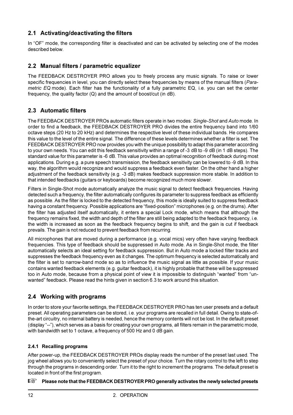 1 activating/deactivating the filters, 2 manual filters / parametric equalizer, 3 automatic filters | 4 working with programs, 1 recalling programs | Behringer Feedback Destroyer Pro DSP1100P User Manual | Page 12 / 32