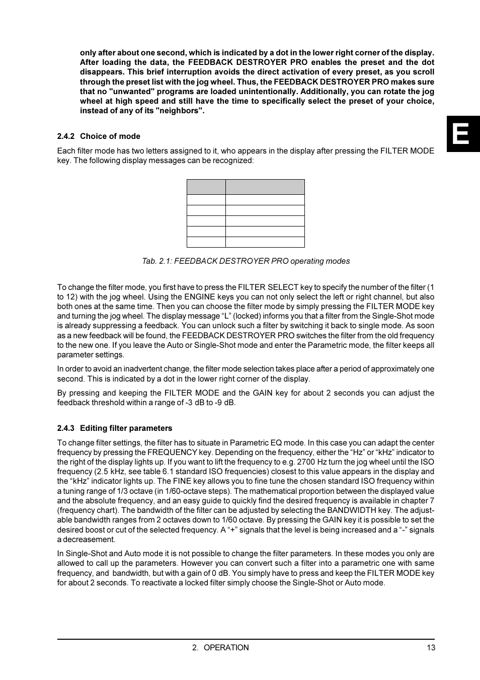 2 choice of mode, 3 editing filter parameters | Behringer Feedback Destroyer Pro DSP1100P User Manual | Page 13 / 32
