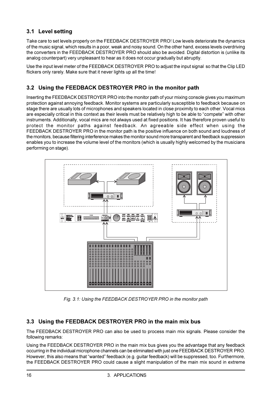1 level setting, Applications | Behringer Feedback Destroyer Pro DSP1100P User Manual | Page 16 / 32