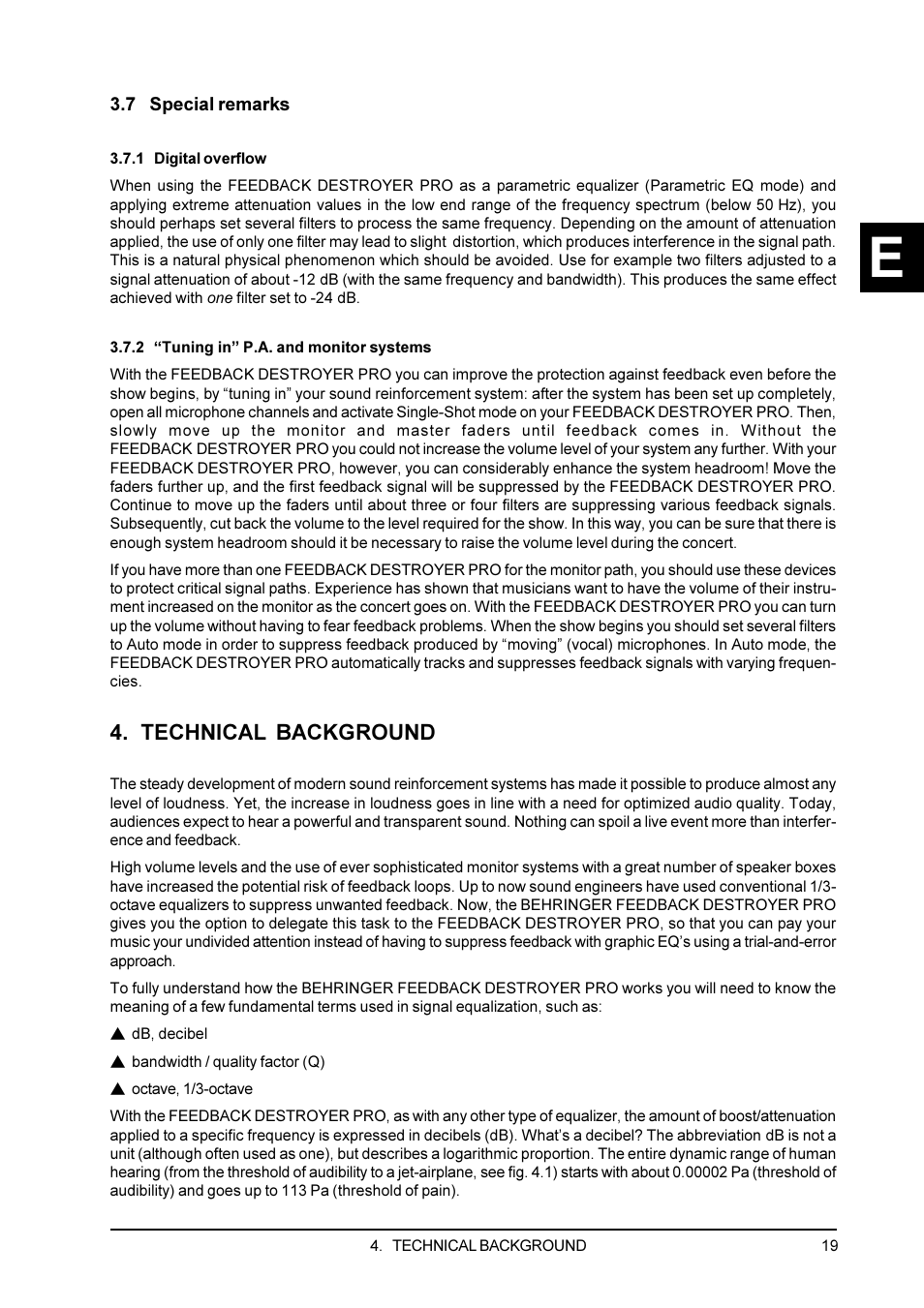 7 special remarks, 1 digital overflow, 2 "tuning in" p.a. and monitor systems | Technical background, 2 tuning in p.a. and monitor systems | Behringer Feedback Destroyer Pro DSP1100P User Manual | Page 19 / 32