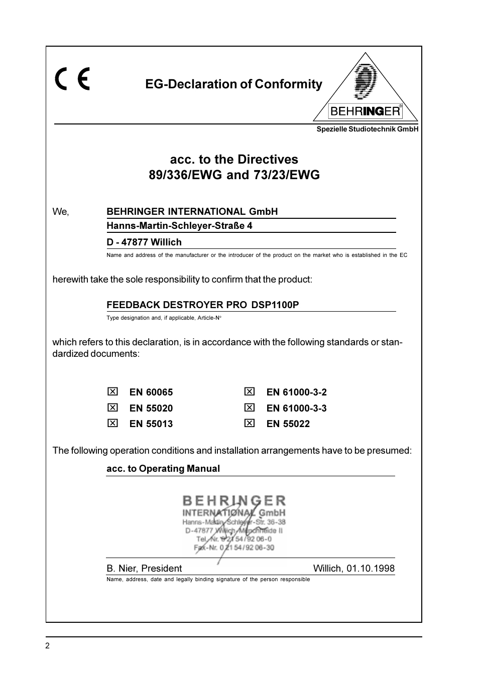 Eg-declaration of conformity | Behringer Feedback Destroyer Pro DSP1100P User Manual | Page 2 / 32