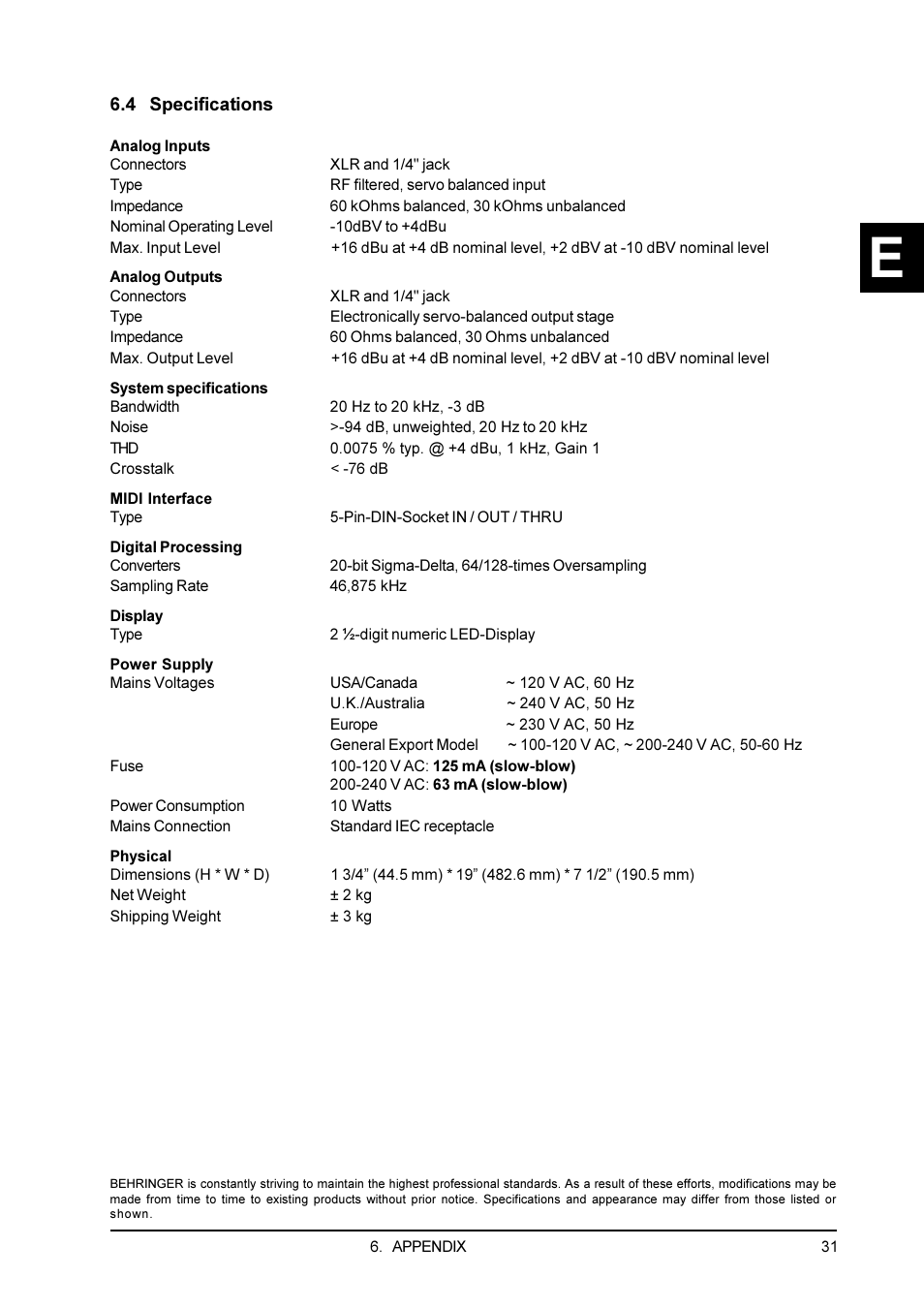 4 specifications, 2 preset table, 3 midi implementation | Behringer Feedback Destroyer Pro DSP1100P User Manual | Page 31 / 32