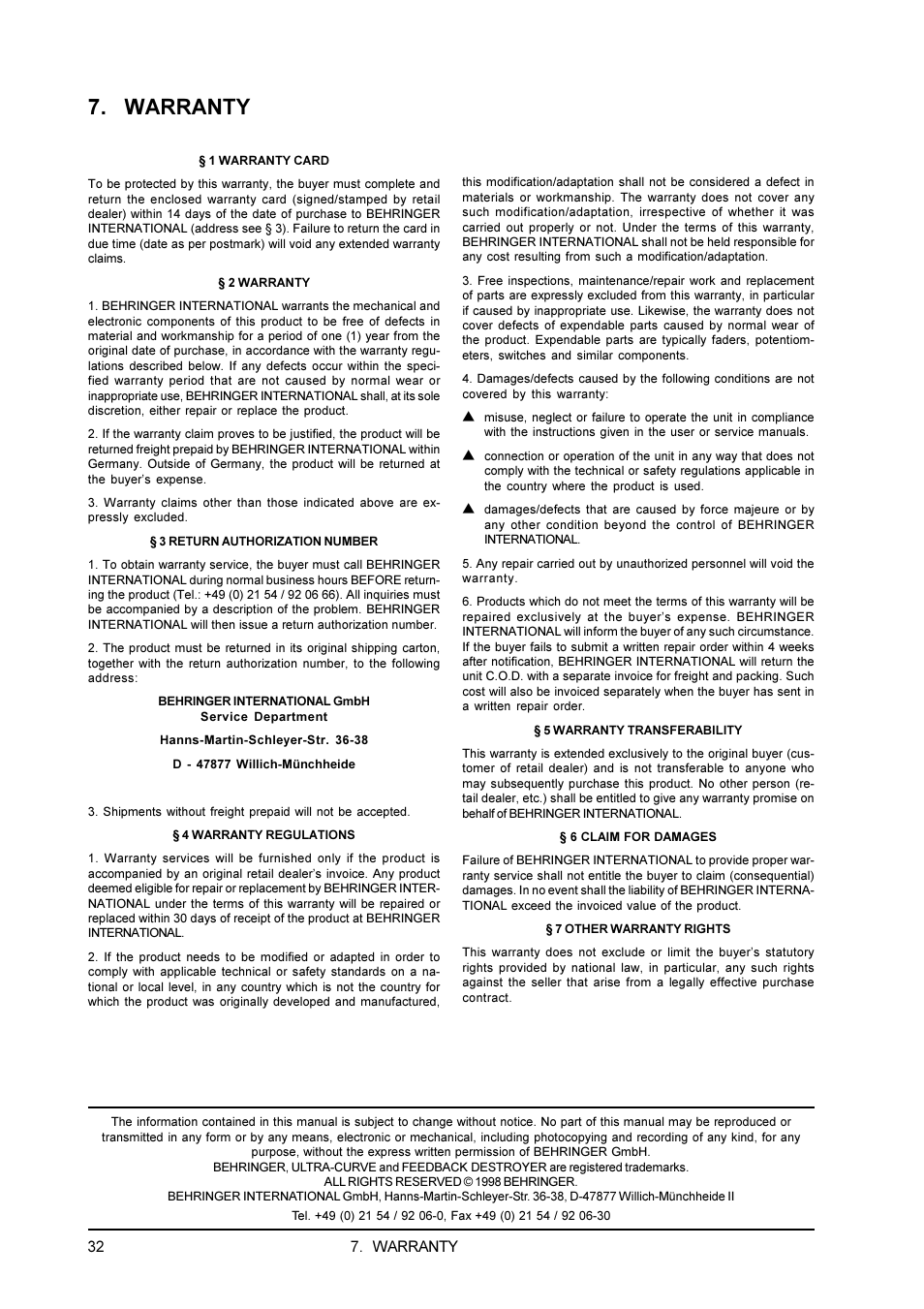 Warranty | Behringer Feedback Destroyer Pro DSP1100P User Manual | Page 32 / 32