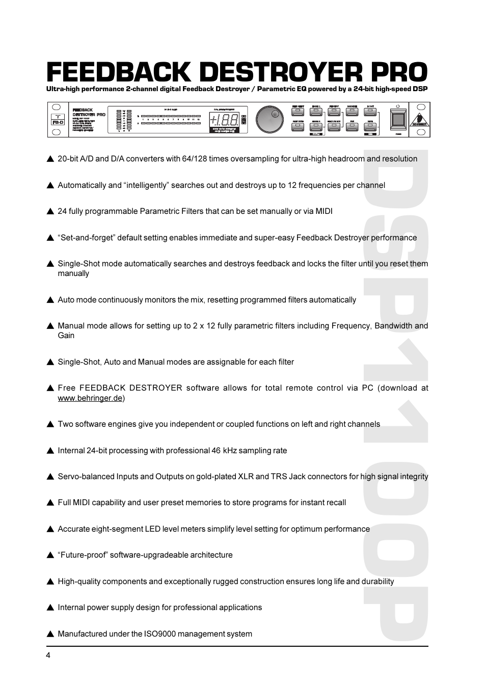 Dsp1100p, Feedback destroyer pro | Behringer Feedback Destroyer Pro DSP1100P User Manual | Page 4 / 32