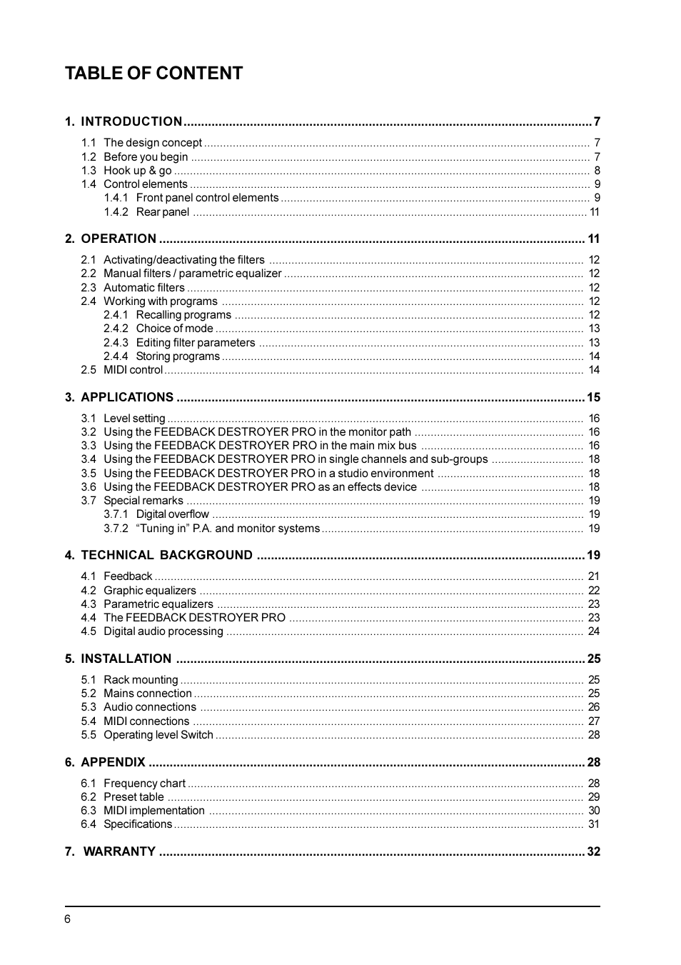 Table of content | Behringer Feedback Destroyer Pro DSP1100P User Manual | Page 6 / 32