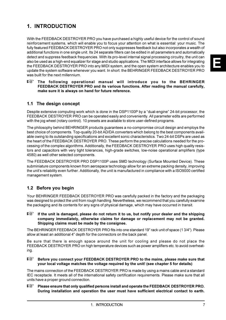 Introduction, 1 the design concept, 2 before you begin | Behringer Feedback Destroyer Pro DSP1100P User Manual | Page 7 / 32