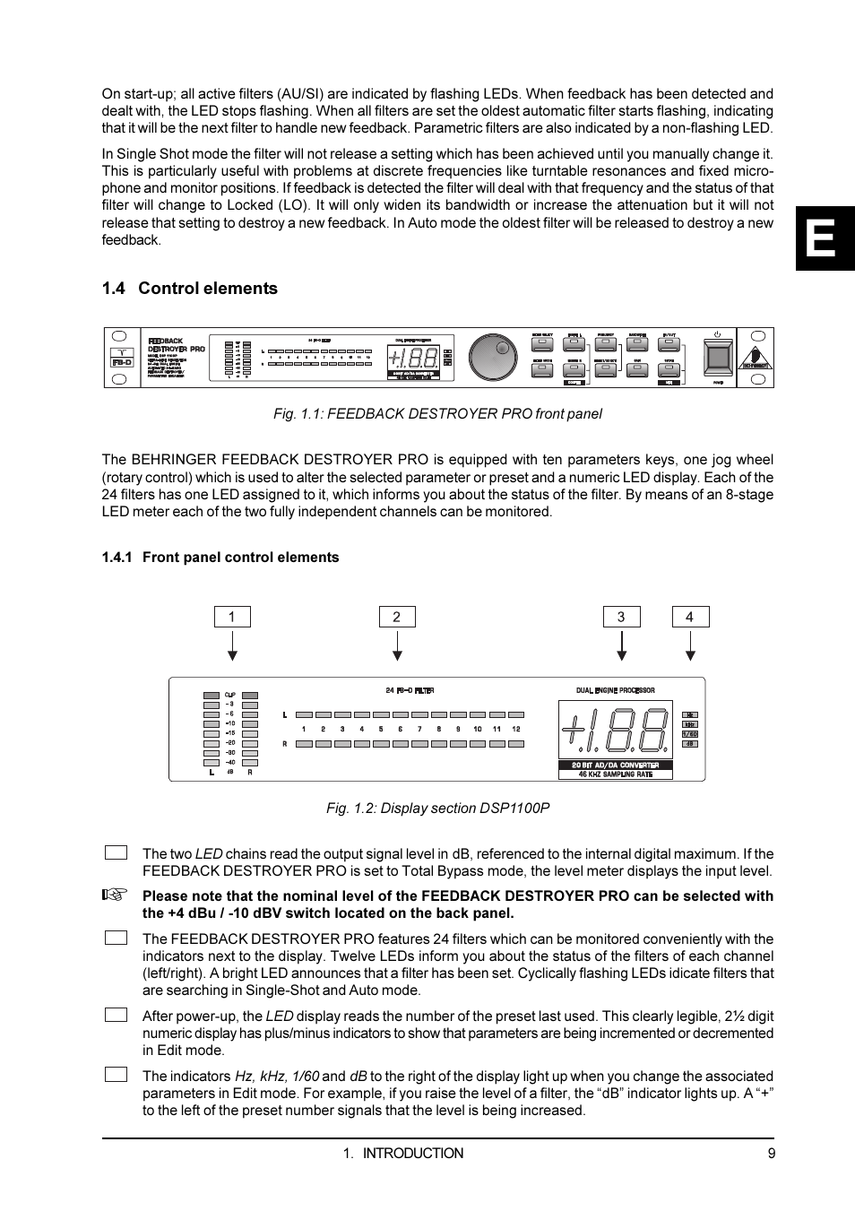 4 control elements, 1 front panel control elements | Behringer Feedback Destroyer Pro DSP1100P User Manual | Page 9 / 32