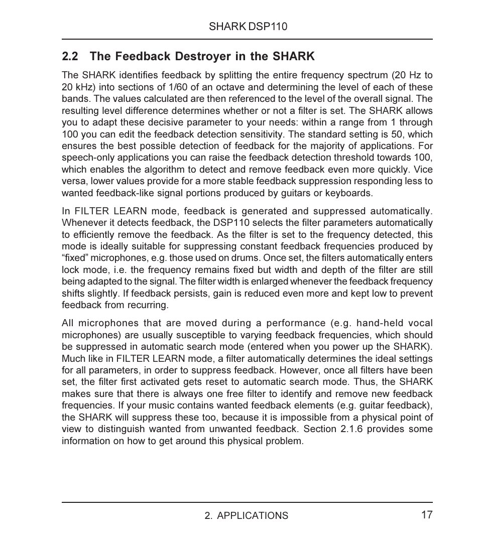 2 the feedback destroyer in the shark | Behringer SHARK DSP110 User Manual | Page 17 / 25