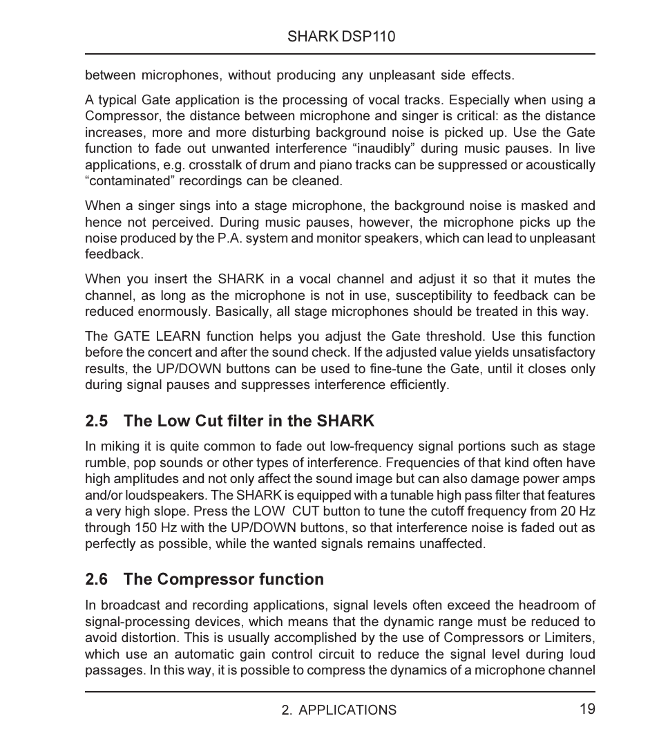 5 the low cut filter in the shark, 6 the compressor function | Behringer SHARK DSP110 User Manual | Page 19 / 25