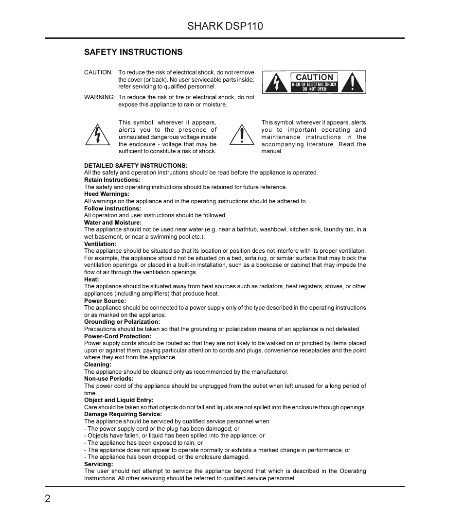 2shark dsp110, Safety instructions | Behringer SHARK DSP110 User Manual | Page 2 / 25