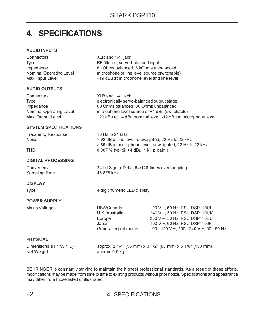 Specifications | Behringer SHARK DSP110 User Manual | Page 22 / 25