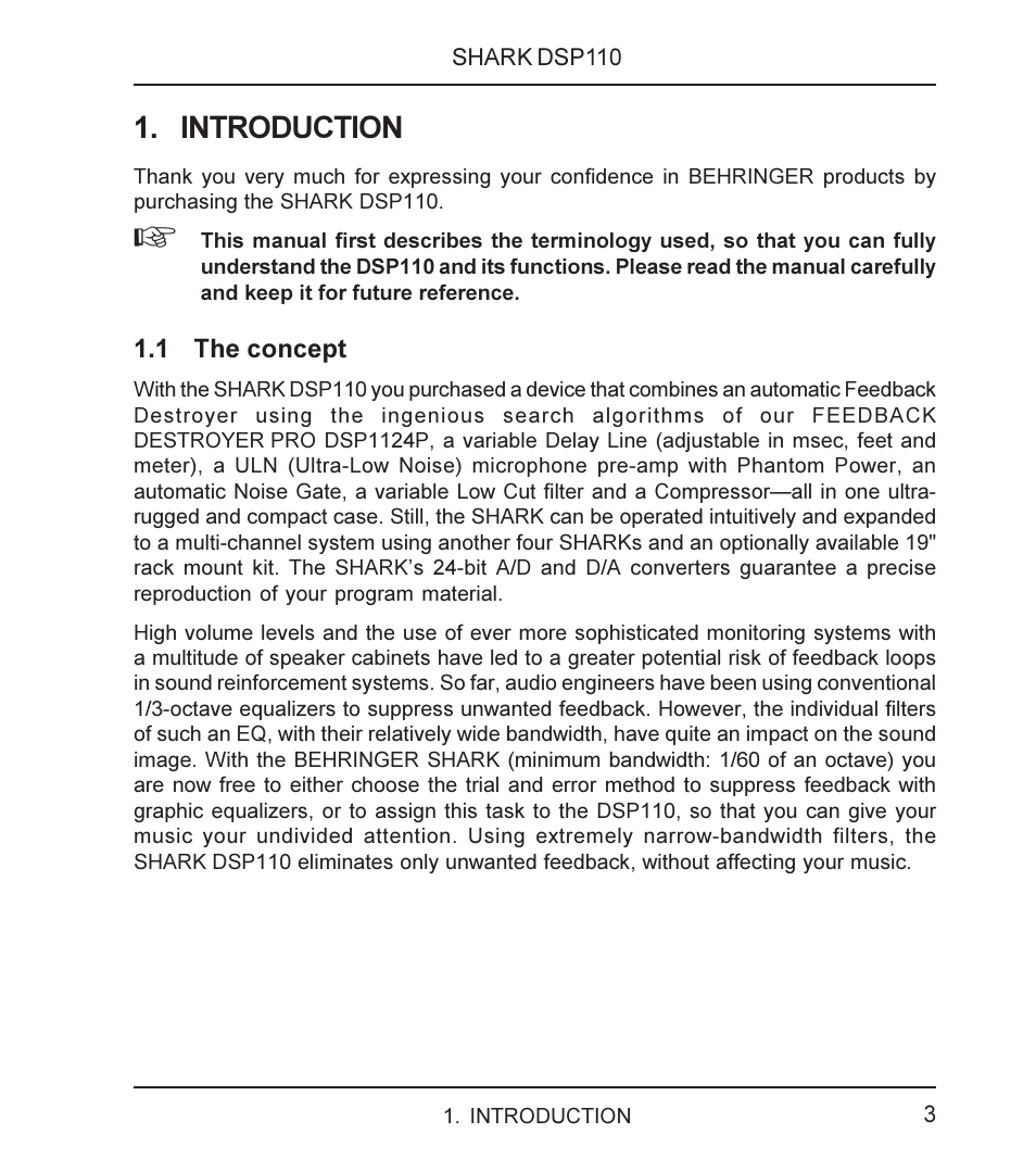 Introduction | Behringer SHARK DSP110 User Manual | Page 3 / 25