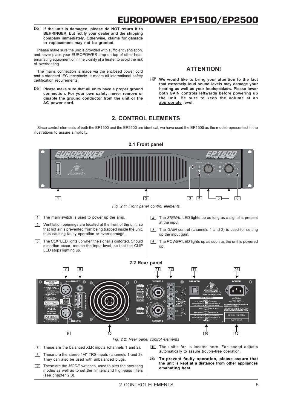 Attention, Control elements | Behringer EP1500 User Manual | Page 5 / 12