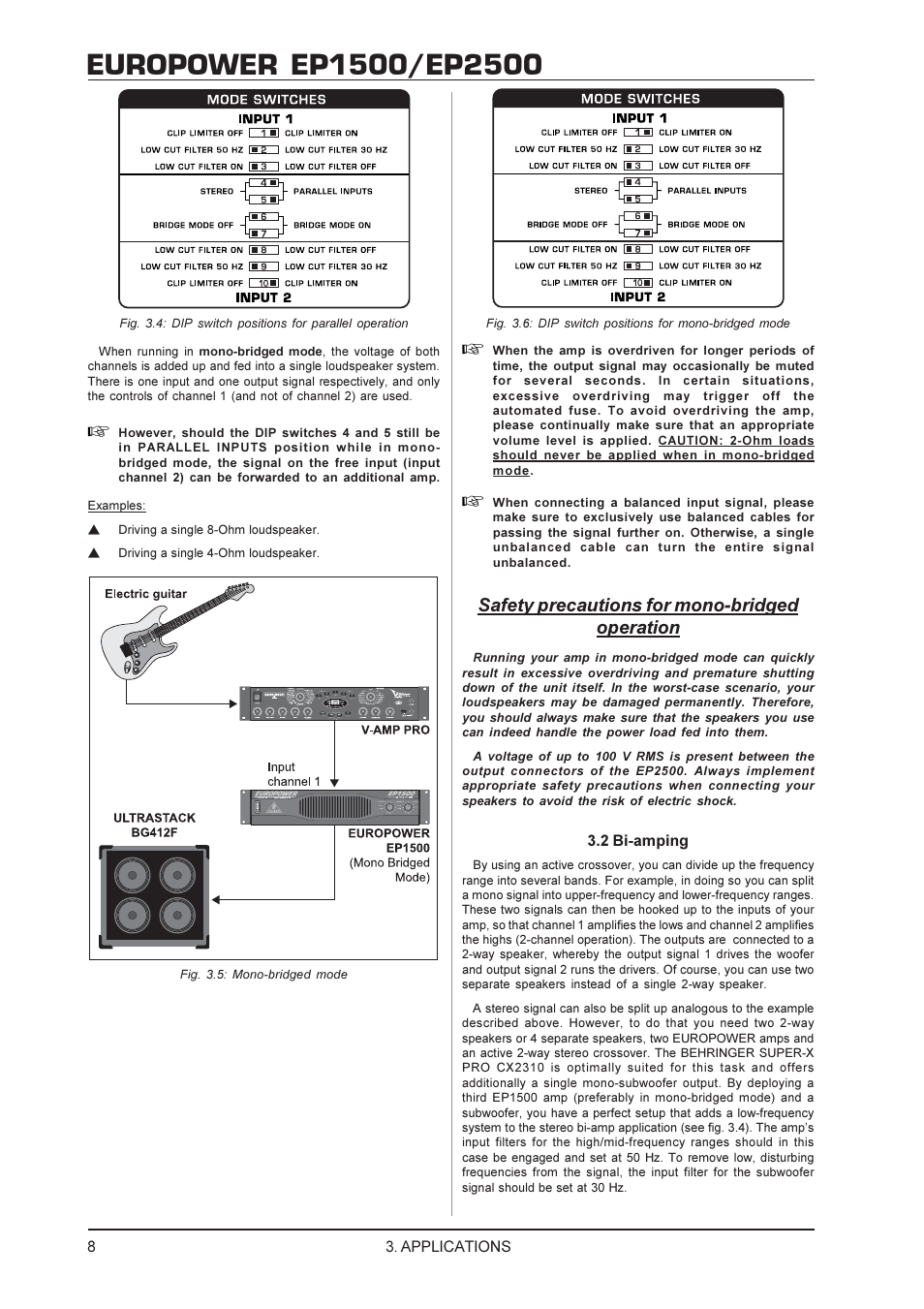 Safety precautions for mono-bridged operation | Behringer EP1500 User Manual | Page 8 / 12