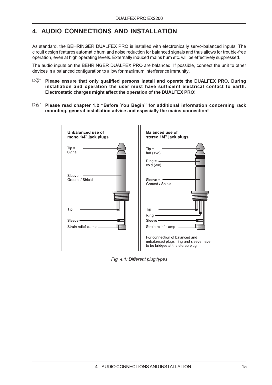 Audio connections and installation | Behringer EX2200 User Manual | Page 15 / 17