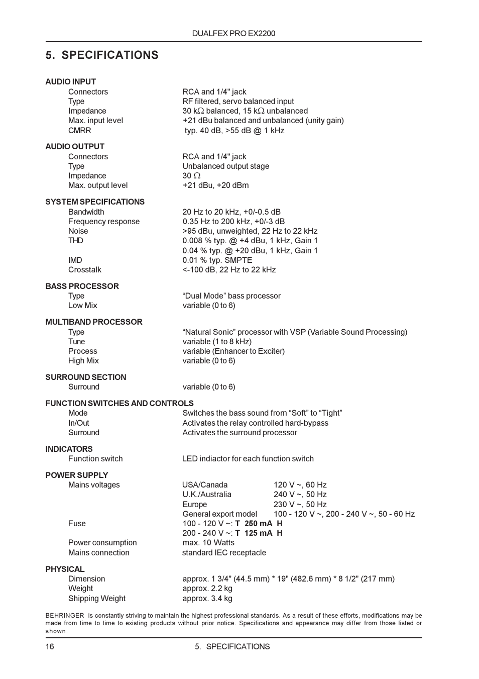 Specifications | Behringer EX2200 User Manual | Page 16 / 17