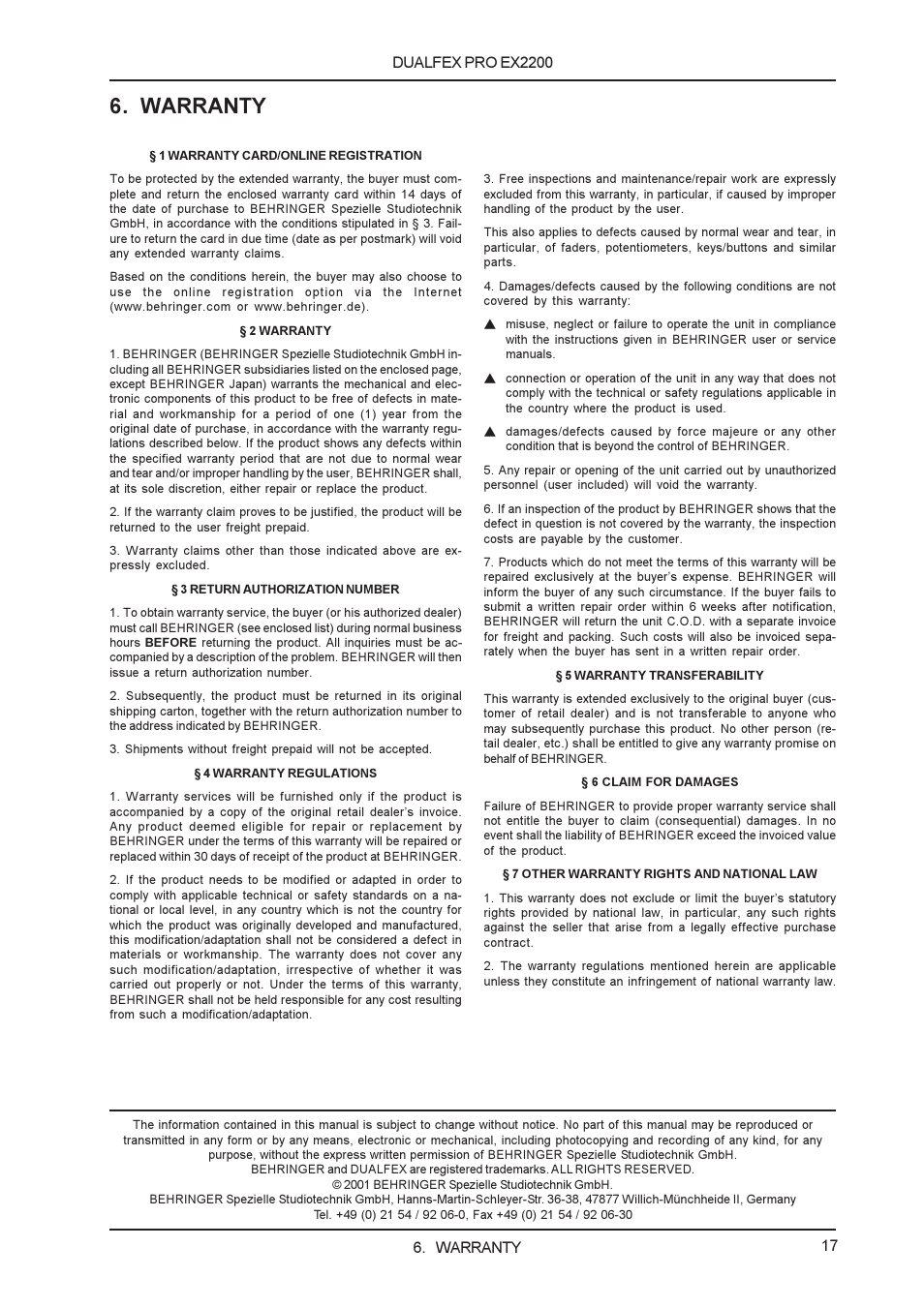 Warranty | Behringer EX2200 User Manual | Page 17 / 17