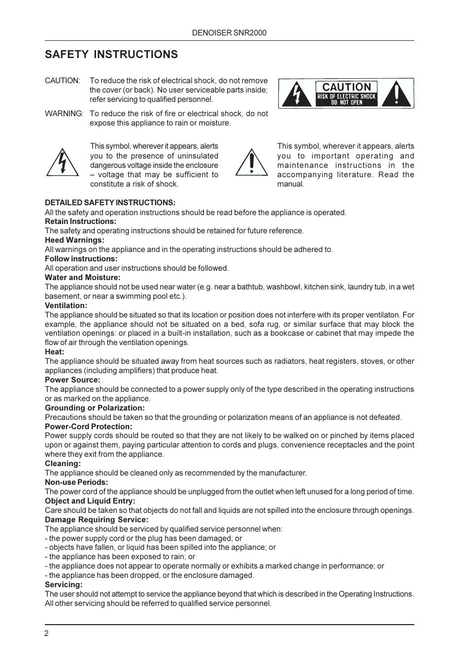 Safety instructions | Behringer SNR2000 User Manual | Page 2 / 26