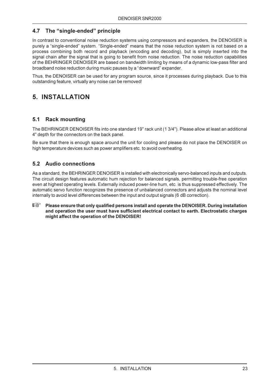 Installation | Behringer SNR2000 User Manual | Page 23 / 26