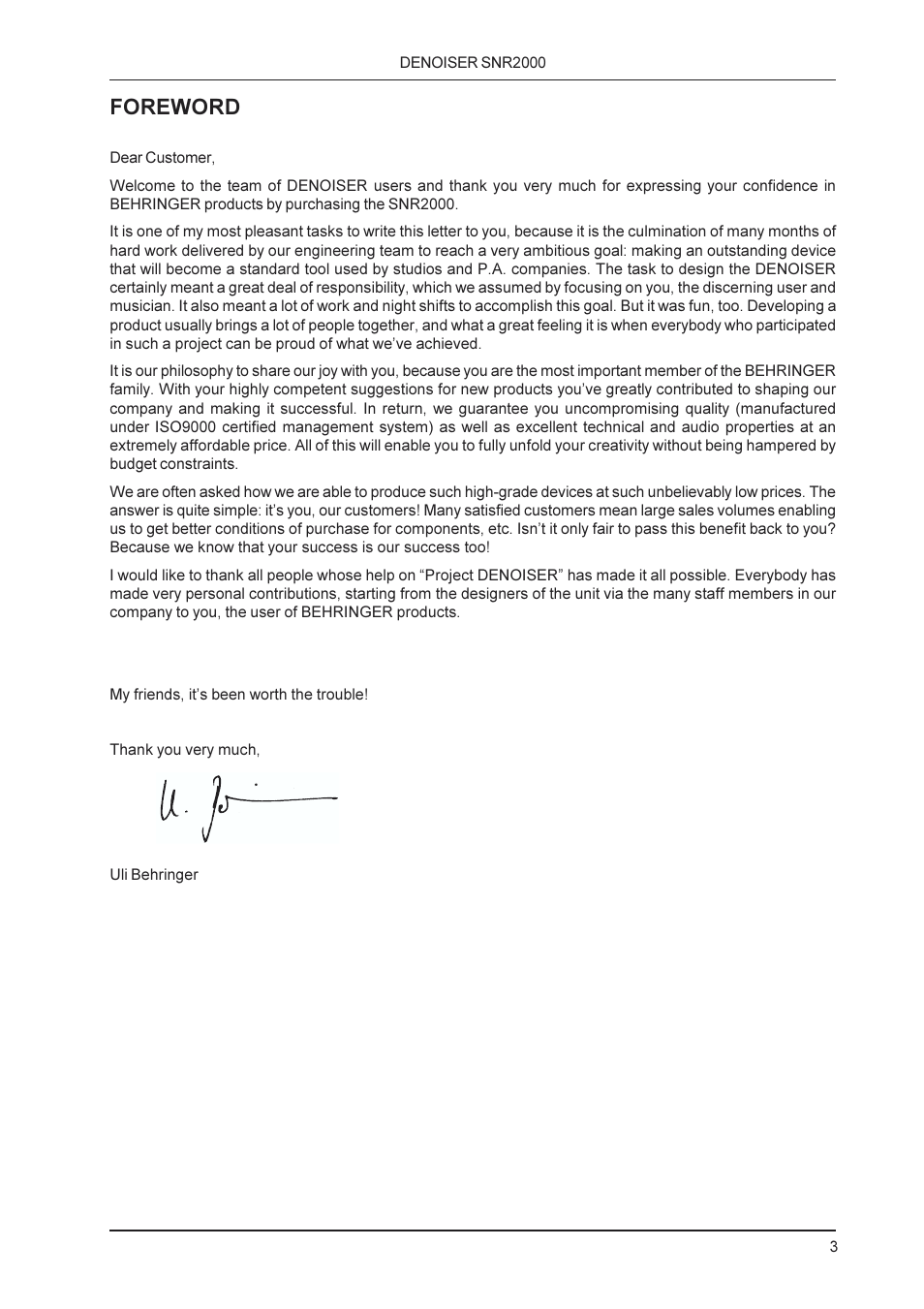 Foreword | Behringer SNR2000 User Manual | Page 3 / 26