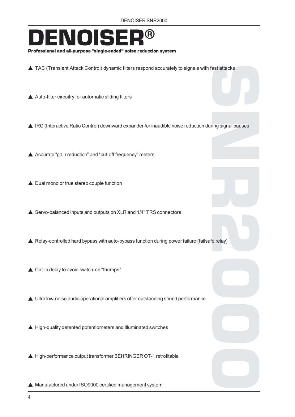 Snr2000, Denoiser | Behringer SNR2000 User Manual | Page 4 / 26